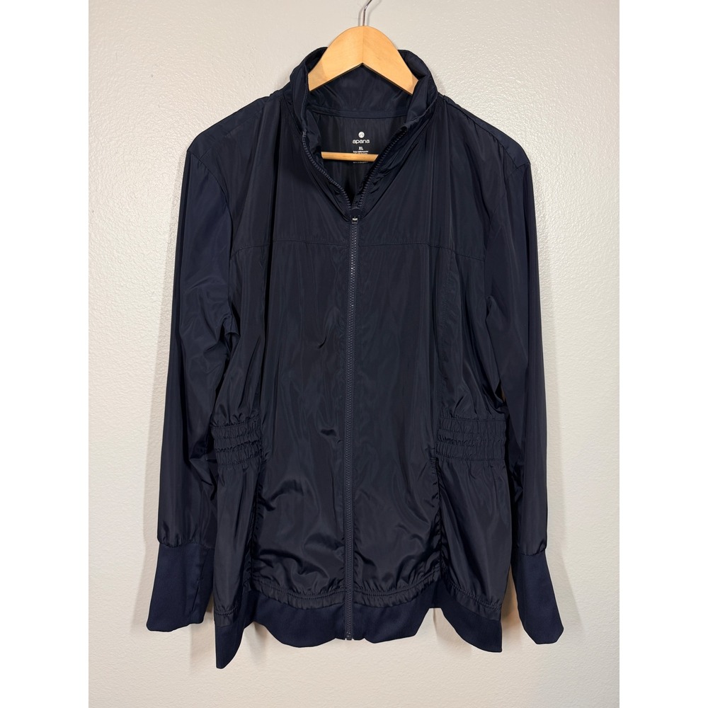 Apana Windbreaker Jacket Women XL Navy Blue Cinched Waist Travel Classic